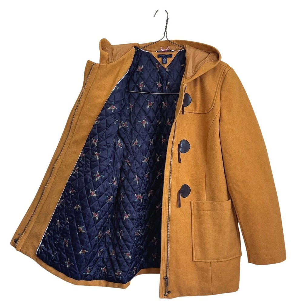 Tommy Hilfiger Women Duffle Coat XL Yellow Quilted Duck Print Wool Heritage Hood